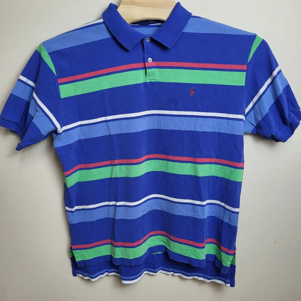 Polo Ralph Lauren Mens XL Striped Short Sleeve Polo Shirt Blue Green Red‎ Pony